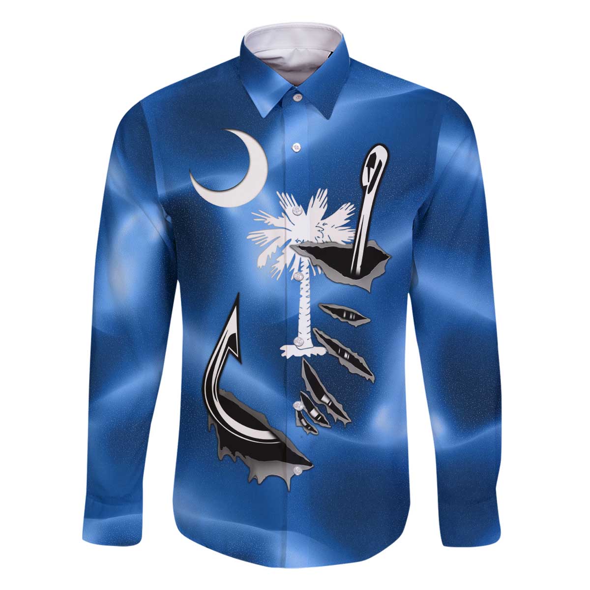 Fishing Custom South Carolina Flag Family Matching Off The Shoulder Long Sleeve Dress and Hawaiian Shirt Fish Hook Graphic in Blue Gradient Design - Wonder Print Shop