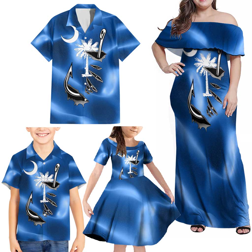 Fishing Custom South Carolina Flag Family Matching Off Shoulder Maxi Dress and Hawaiian Shirt Fish Hook Graphic in Blue Gradient Design - Wonder Print Shop
