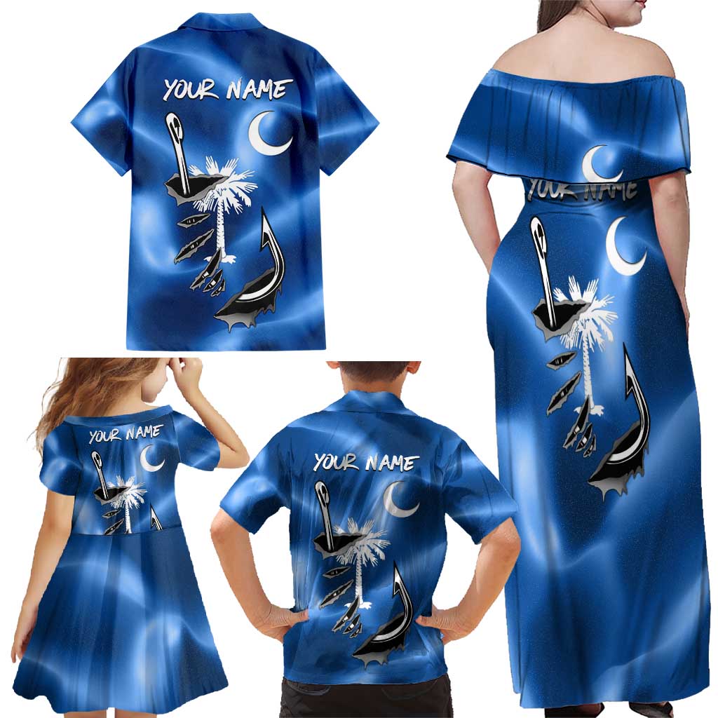 Fishing Custom South Carolina Flag Family Matching Off Shoulder Maxi Dress and Hawaiian Shirt Fish Hook Graphic in Blue Gradient Design - Wonder Print Shop