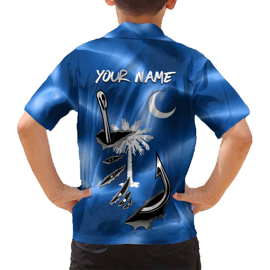 Fishing Custom South Carolina Flag Family Matching Off Shoulder Short Dress and Hawaiian Shirt Fish Hook Graphic in Blue Gradient Design - Wonder Print Shop