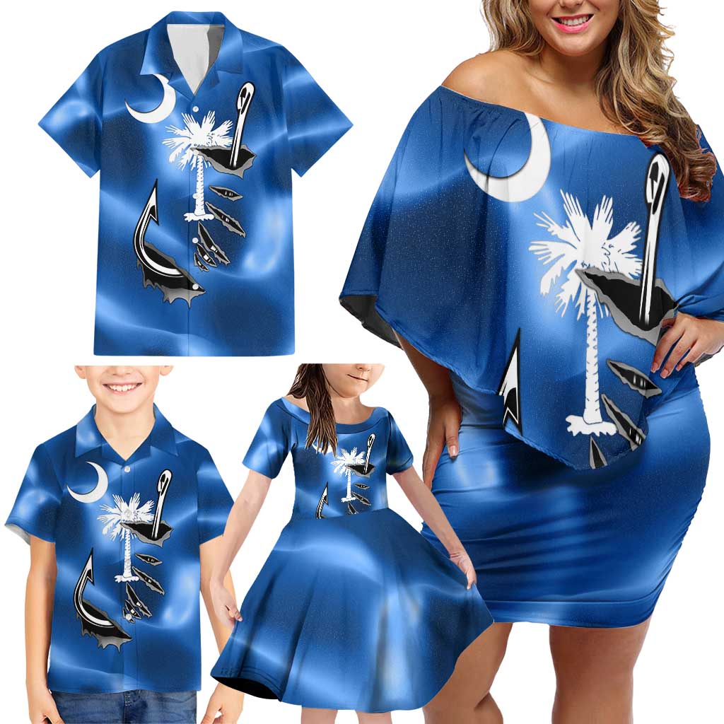 Fishing Custom South Carolina Flag Family Matching Off Shoulder Short Dress and Hawaiian Shirt Fish Hook Graphic in Blue Gradient Design - Wonder Print Shop