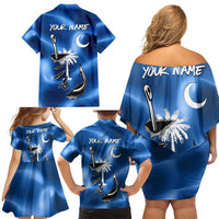 Fishing Custom South Carolina Flag Family Matching Off Shoulder Short Dress and Hawaiian Shirt Fish Hook Graphic in Blue Gradient Design - Wonder Print Shop