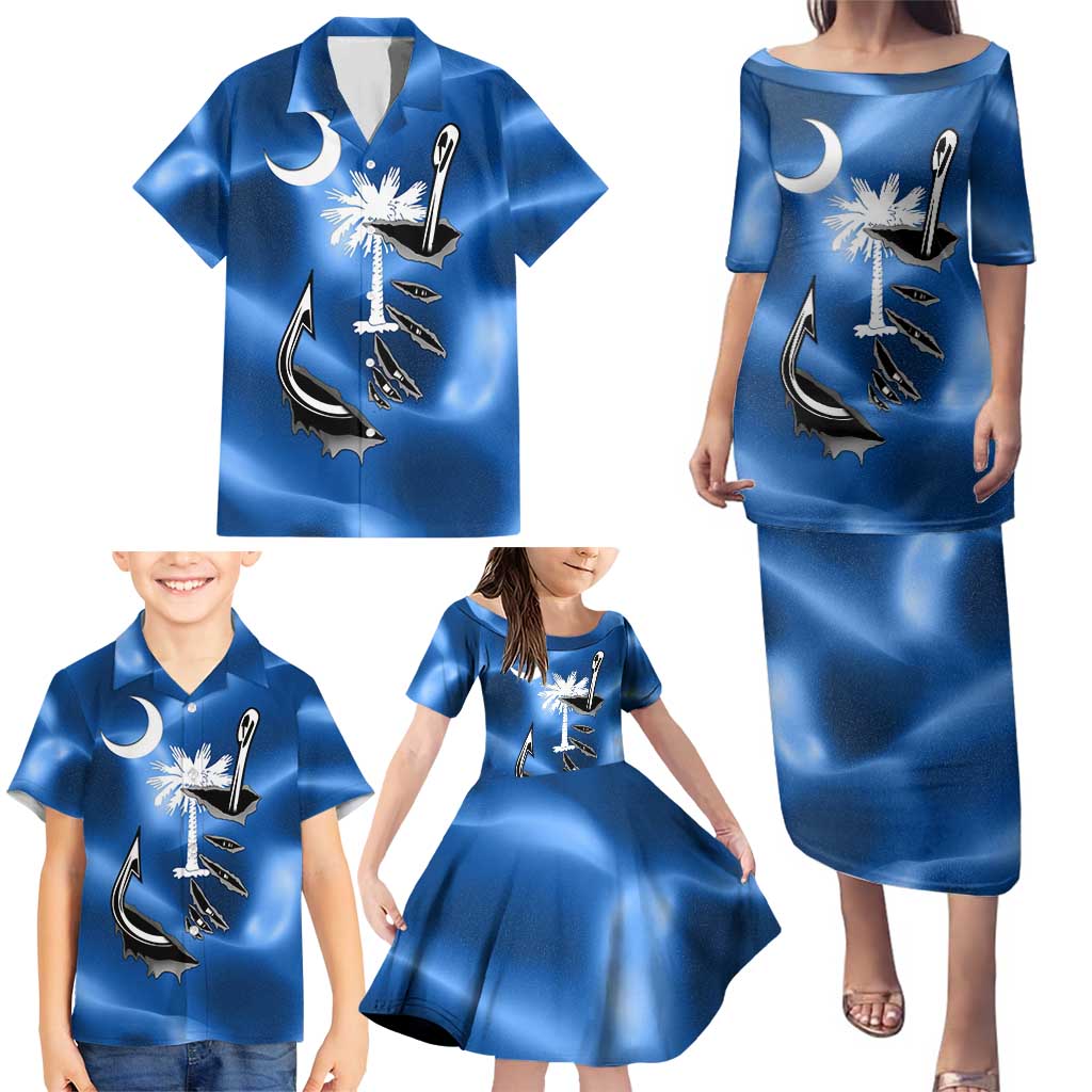 Fishing Custom South Carolina Flag Family Matching Puletasi and Hawaiian Shirt Fish Hook Graphic in Blue Gradient Design - Wonder Print Shop