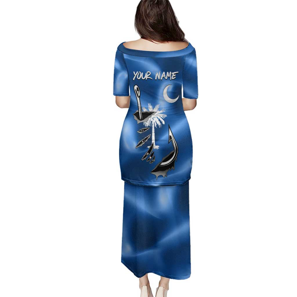 Fishing Custom South Carolina Flag Family Matching Puletasi and Hawaiian Shirt Fish Hook Graphic in Blue Gradient Design - Wonder Print Shop