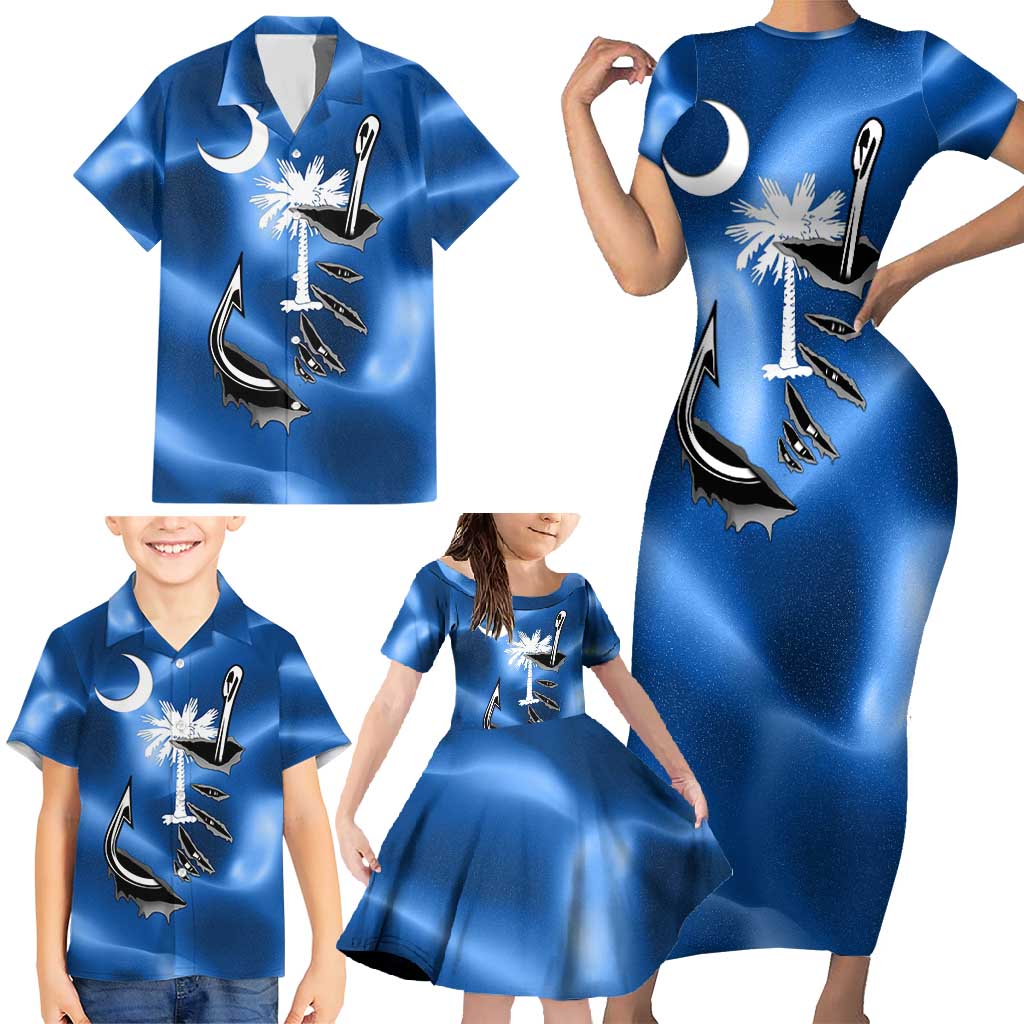 Fishing Custom South Carolina Flag Family Matching Short Sleeve Bodycon Dress and Hawaiian Shirt Fish Hook Graphic in Blue Gradient Design - Wonder Print Shop