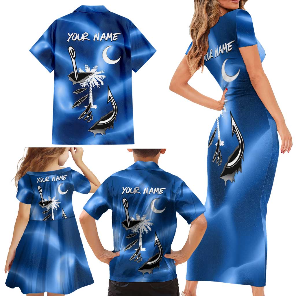 Fishing Custom South Carolina Flag Family Matching Short Sleeve Bodycon Dress and Hawaiian Shirt Fish Hook Graphic in Blue Gradient Design - Wonder Print Shop