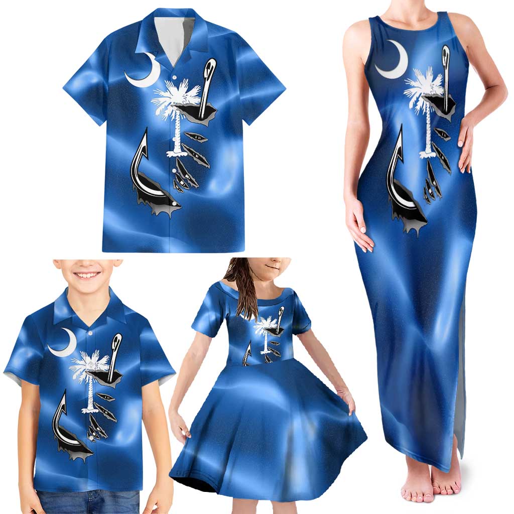 Fishing Custom South Carolina Flag Family Matching Tank Maxi Dress and Hawaiian Shirt Fish Hook Graphic in Blue Gradient Design - Wonder Print Shop