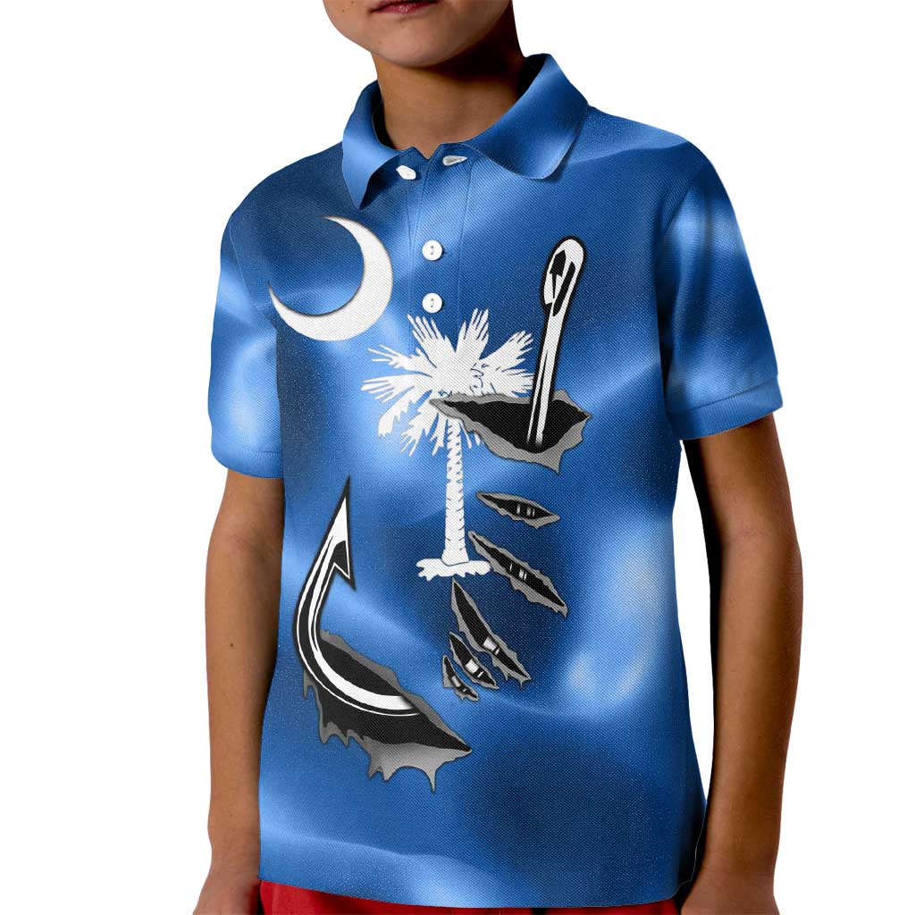 Fishing Custom South Carolina Flag Kid Polo Shirt Fish Hook Graphic in Blue Gradient Design - Wonder Print Shop