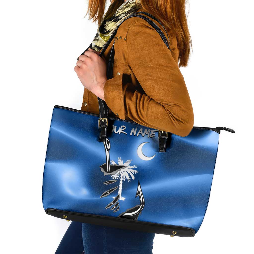 Fishing Custom South Carolina Flag Leather Tote Bag Fish Hook Graphic in Blue Gradient Design - Wonder Print Shop