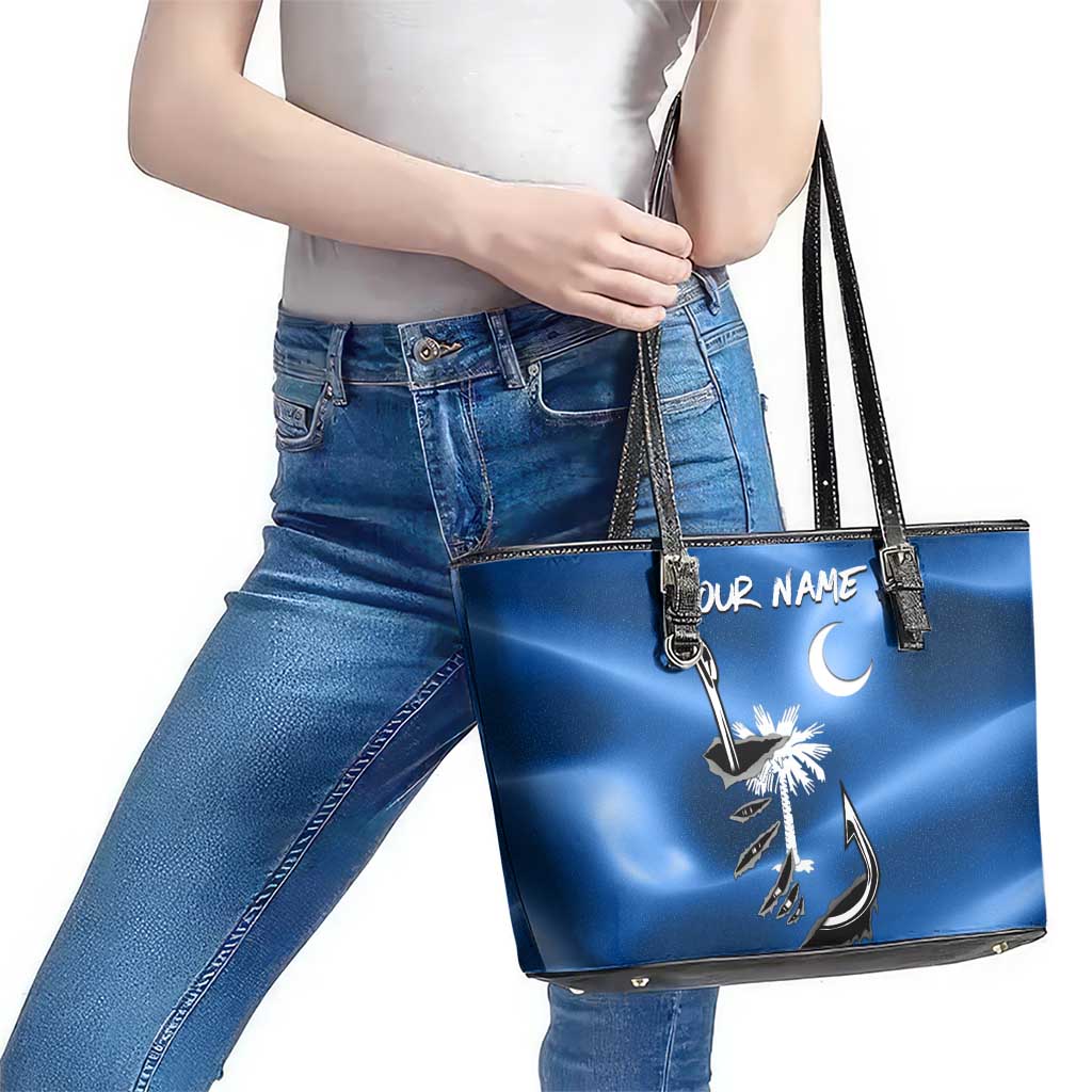 Fishing Custom South Carolina Flag Leather Tote Bag Fish Hook Graphic in Blue Gradient Design - Wonder Print Shop
