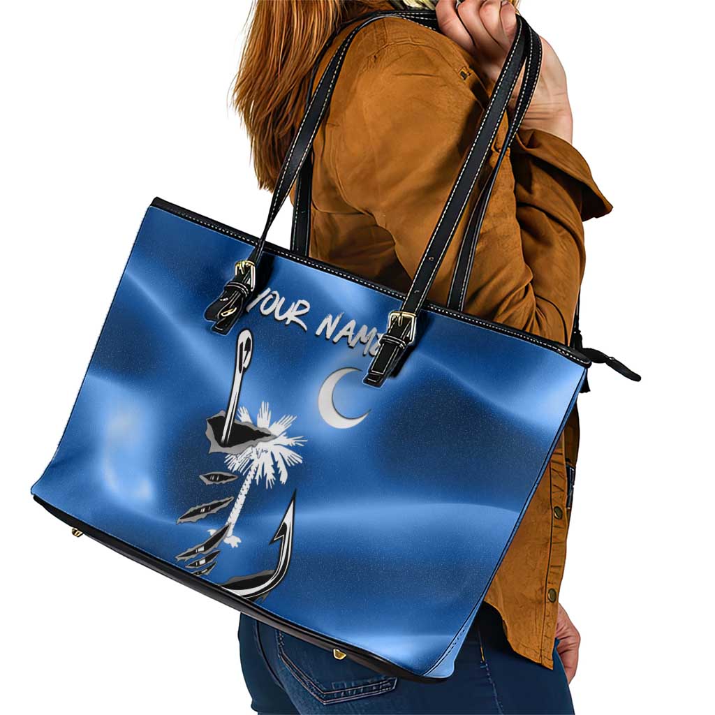 Fishing Custom South Carolina Flag Leather Tote Bag Fish Hook Graphic in Blue Gradient Design - Wonder Print Shop