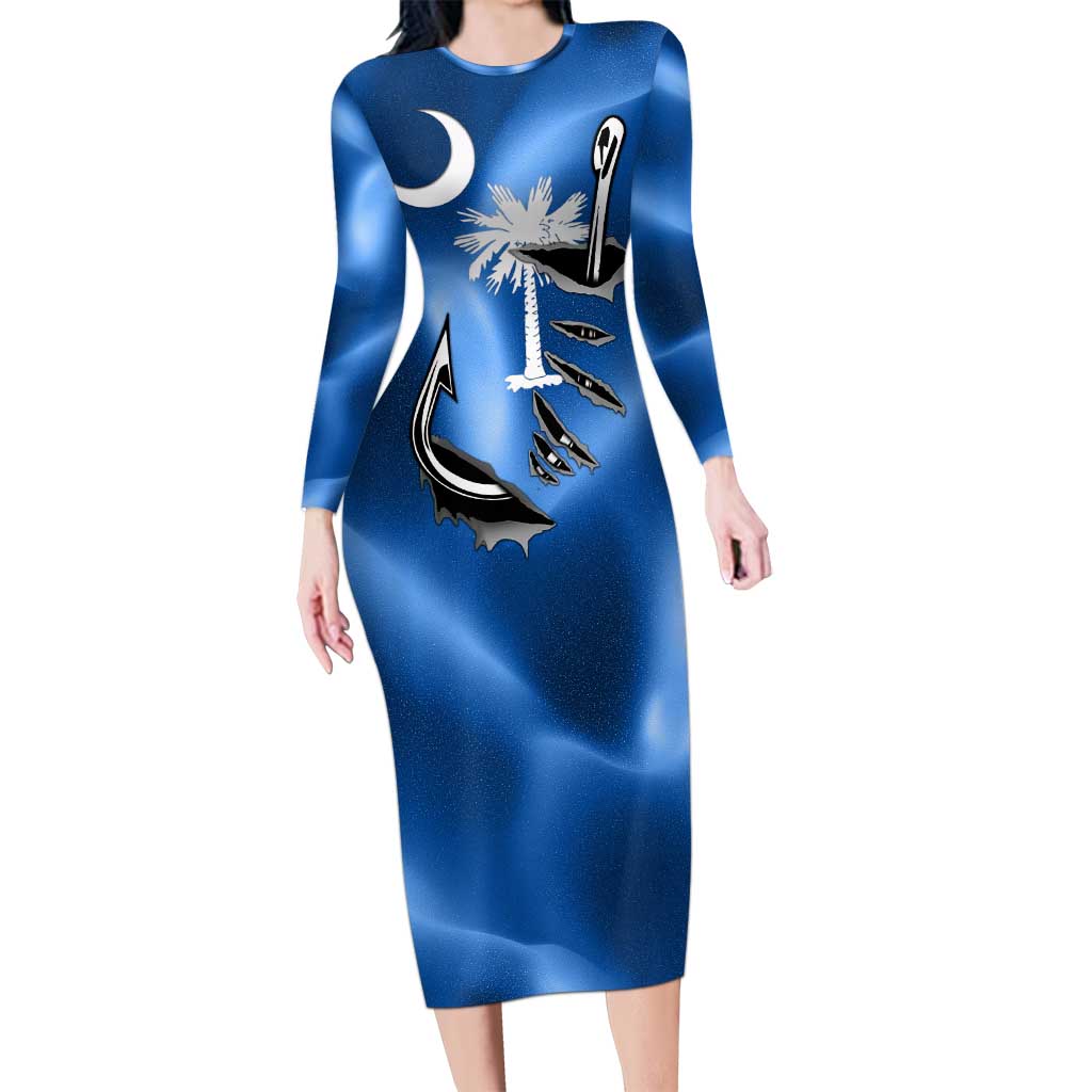 Fishing Custom South Carolina Flag Long Sleeve Bodycon Dress Fish Hook Graphic in Blue Gradient Design - Wonder Print Shop