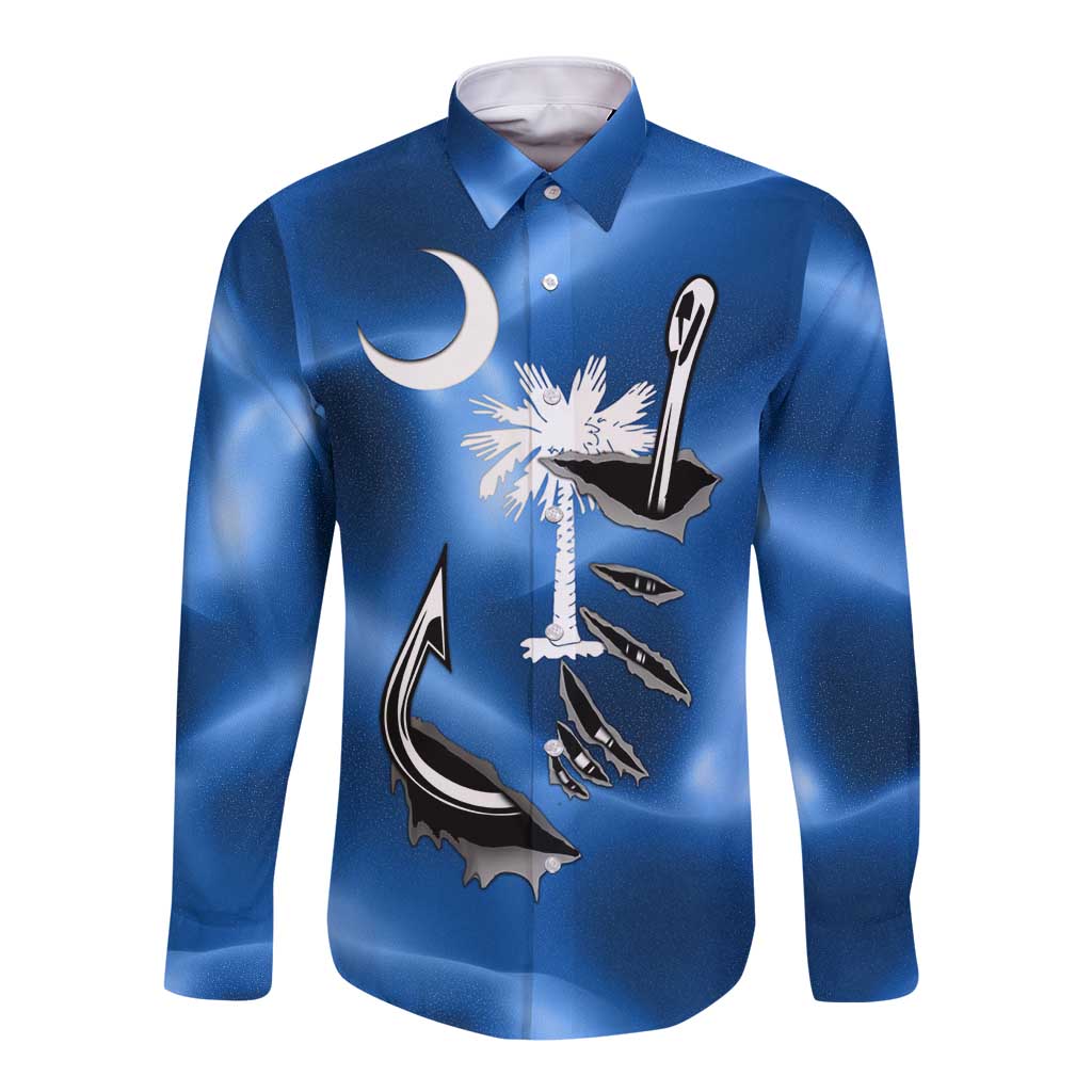 Fishing Custom South Carolina Flag Long Sleeve Button Shirt Fish Hook Graphic in Blue Gradient Design - Wonder Print Shop