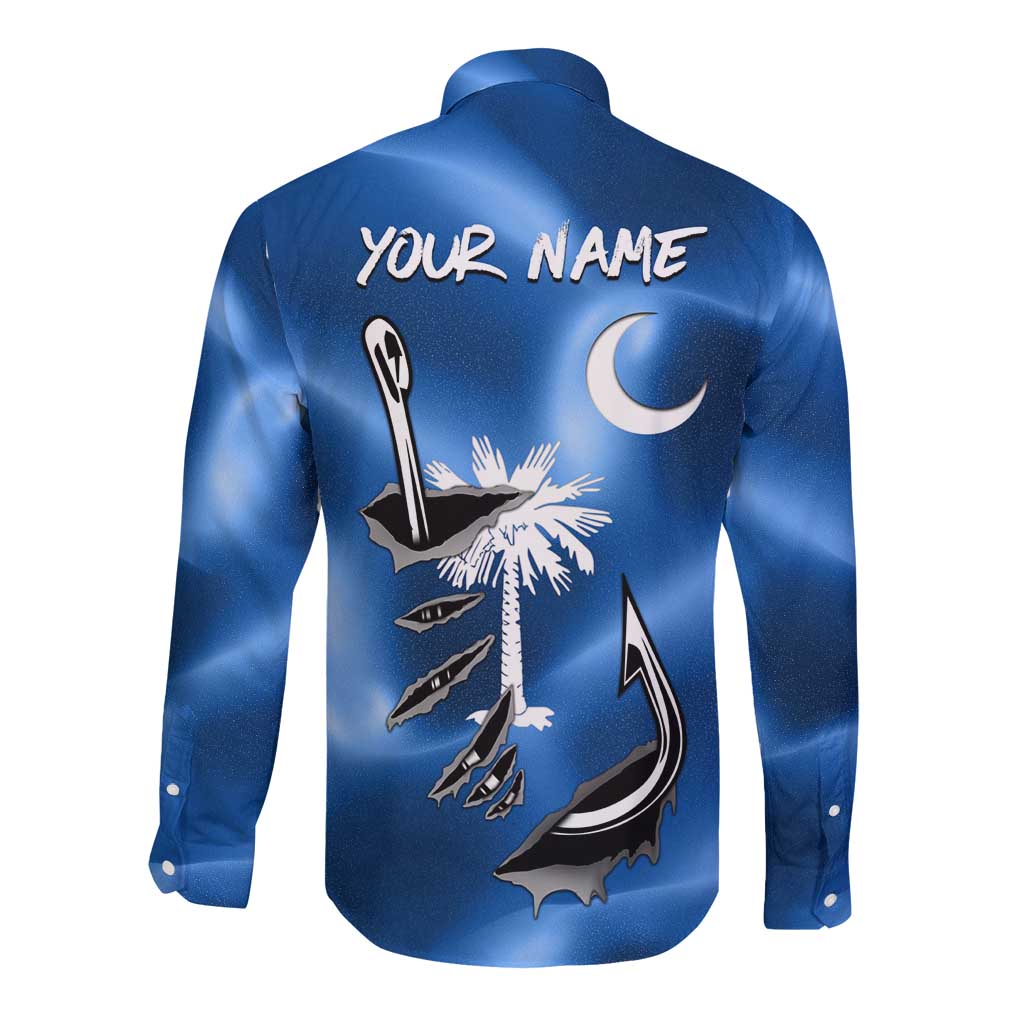 Fishing Custom South Carolina Flag Long Sleeve Button Shirt Fish Hook Graphic in Blue Gradient Design - Wonder Print Shop