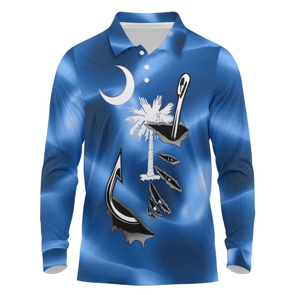 Fishing Custom South Carolina Flag Long Sleeve Polo Shirt Fish Hook Graphic in Blue Gradient Design - Wonder Print Shop
