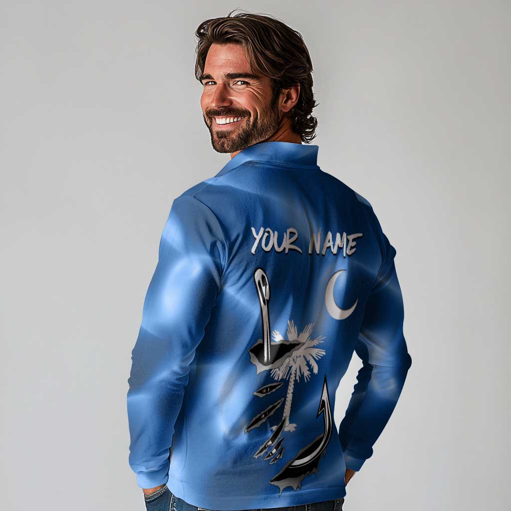 Fishing Custom South Carolina Flag Long Sleeve Polo Shirt Fish Hook Graphic in Blue Gradient Design - Wonder Print Shop