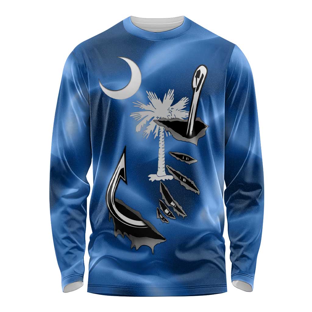 Fishing Custom South Carolina Flag Long Sleeve Shirt Fish Hook Graphic in Blue Gradient Design - Wonder Print Shop