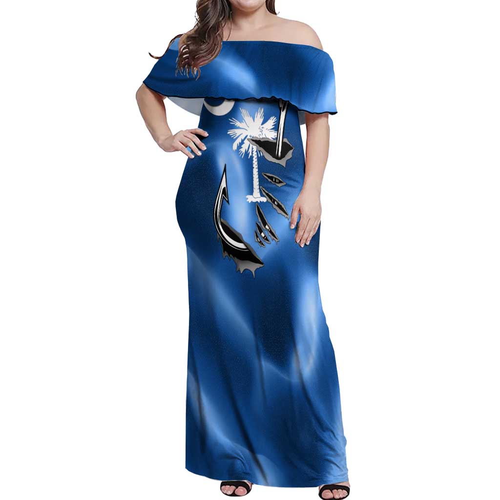 Fishing Custom South Carolina Flag Off Shoulder Maxi Dress Fish Hook Graphic in Blue Gradient Design - Wonder Print Shop