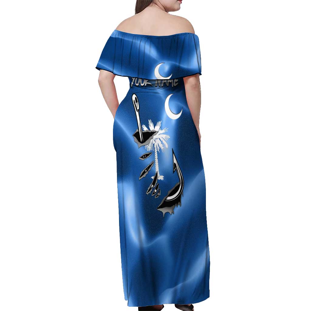 Fishing Custom South Carolina Flag Off Shoulder Maxi Dress Fish Hook Graphic in Blue Gradient Design - Wonder Print Shop