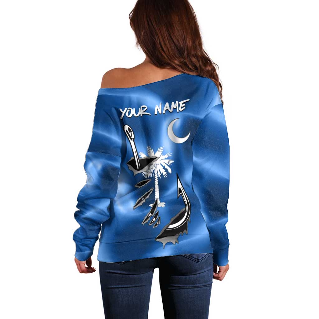 Fishing Custom South Carolina Flag Off Shoulder Sweater Fish Hook Graphic in Blue Gradient Design - Wonder Print Shop