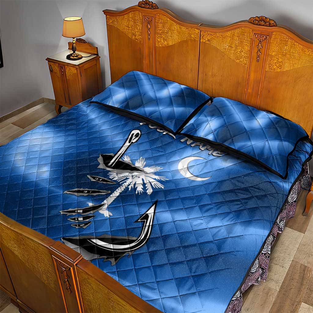 Fishing Custom South Carolina Flag Quilt Bed Set Fish Hook Graphic in Blue Gradient Design - Wonder Print Shop