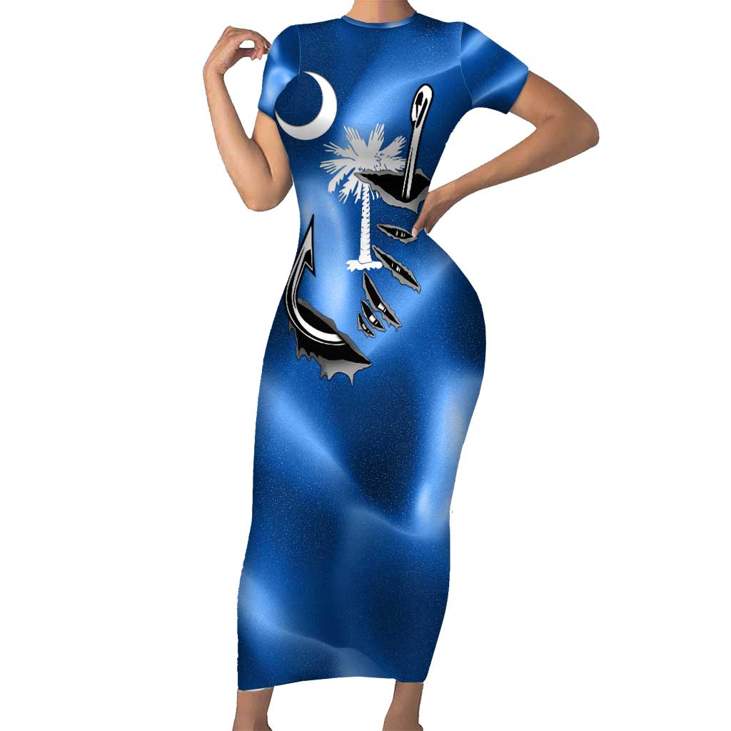 Fishing Custom South Carolina Flag Short Sleeve Bodycon Dress Fish Hook Graphic in Blue Gradient Design - Wonder Print Shop