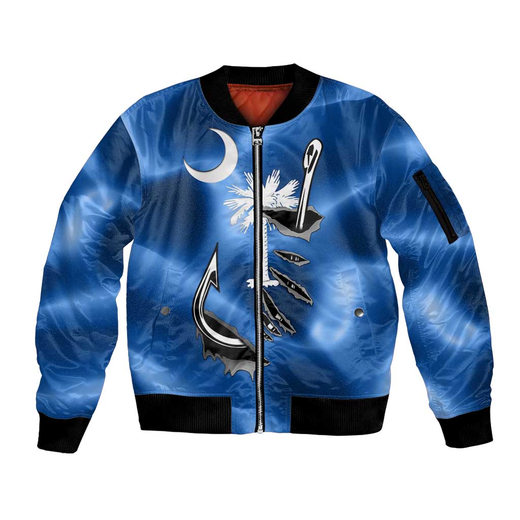 Fishing Custom South Carolina Flag Sleeve Zip Bomber Jacket Fish Hook Graphic in Blue Gradient Design - Wonder Print Shop