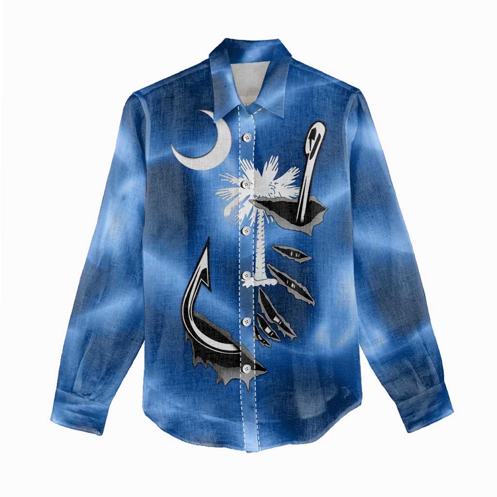 Fishing Custom South Carolina Flag Women Casual Shirt Fish Hook Graphic in Blue Gradient Design - Wonder Print Shop