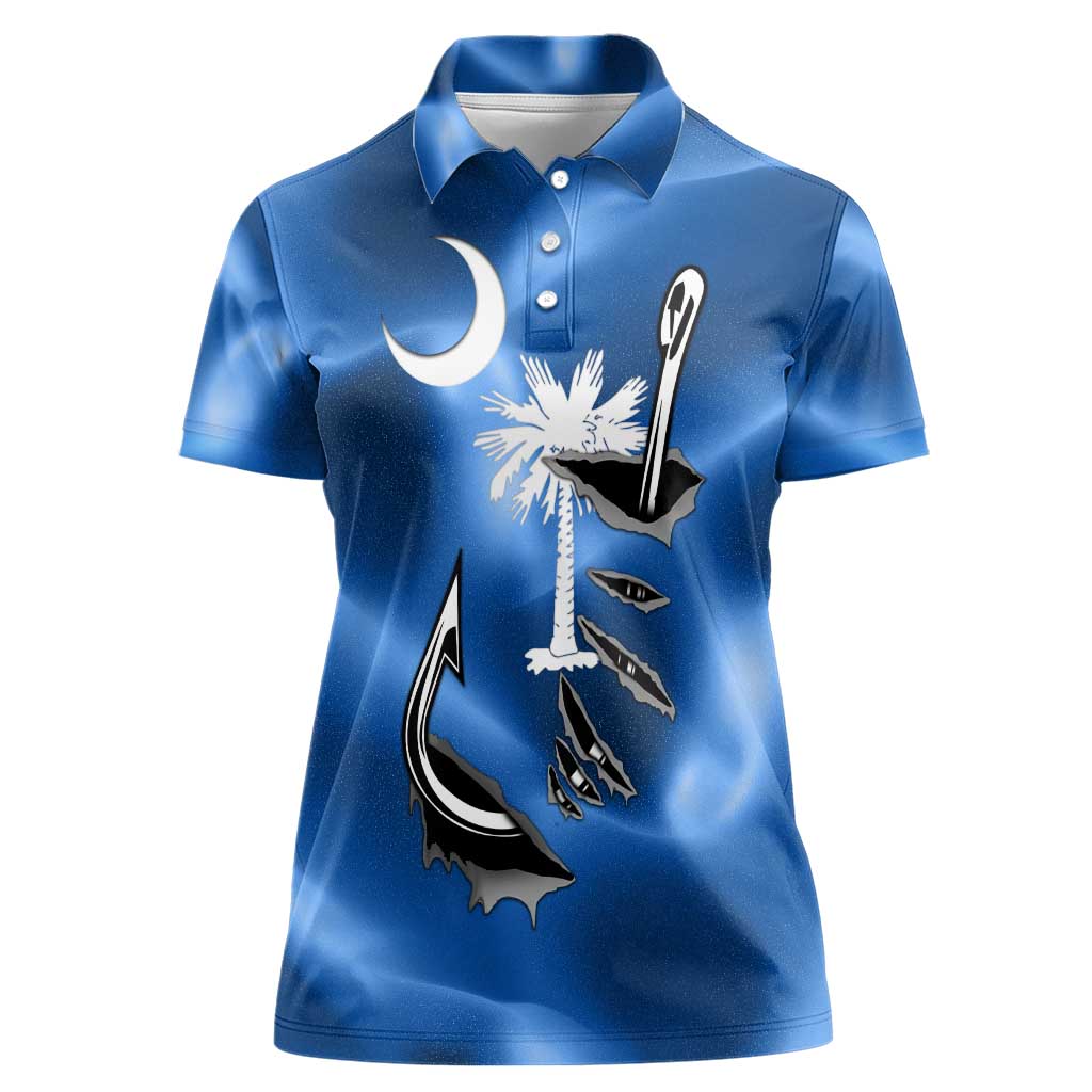 Fishing Custom South Carolina Flag Women Polo Shirt Fish Hook Graphic in Blue Gradient Design - Wonder Print Shop