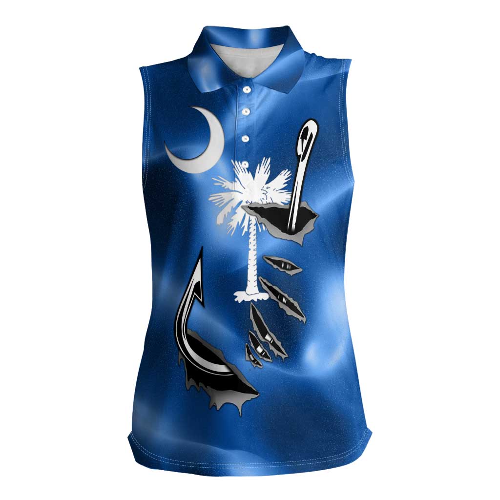 Fishing Custom South Carolina Flag Women Sleeveless Polo Shirt Fish Hook Graphic in Blue Gradient Design - Wonder Print Shop