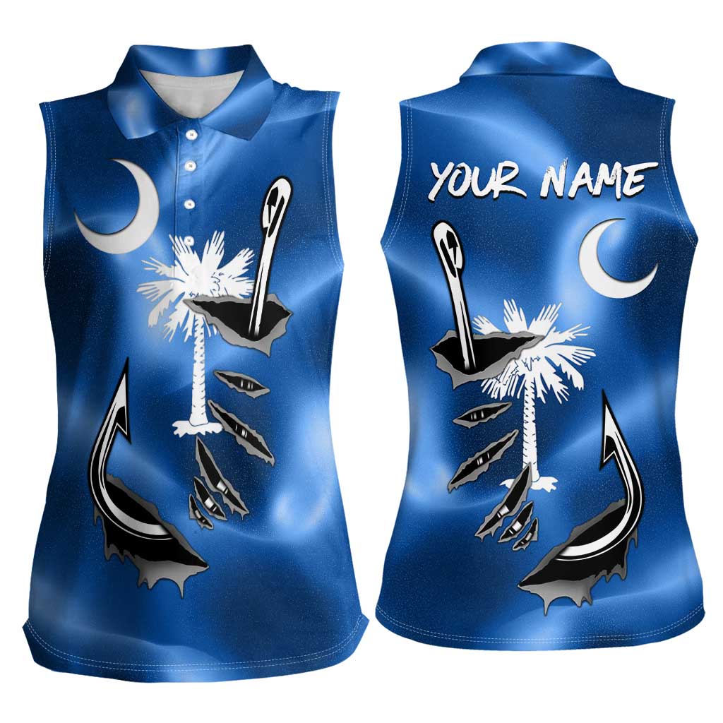 Fishing Custom South Carolina Flag Women Sleeveless Polo Shirt Fish Hook Graphic in Blue Gradient Design - Wonder Print Shop
