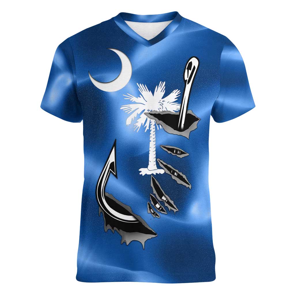 Fishing Custom South Carolina Flag Women V-Neck T-Shirt Fish Hook Graphic in Blue Gradient Design - Wonder Print Shop