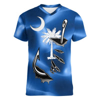 Fishing Custom South Carolina Flag Women V-Neck T-Shirt Fish Hook Graphic in Blue Gradient Design - Wonder Print Shop