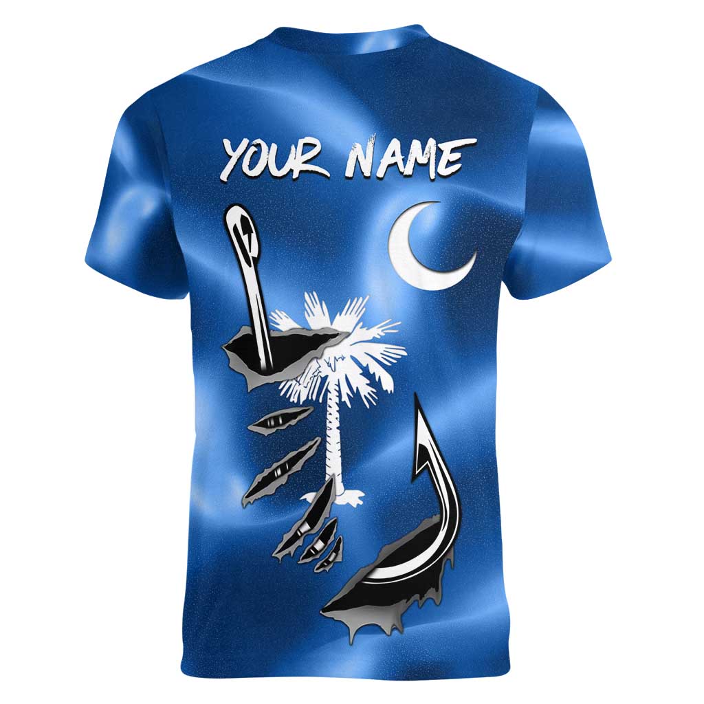 Fishing Custom South Carolina Flag Women V-Neck T-Shirt Fish Hook Graphic in Blue Gradient Design - Wonder Print Shop