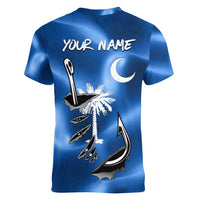 Fishing Custom South Carolina Flag Women V-Neck T-Shirt Fish Hook Graphic in Blue Gradient Design - Wonder Print Shop