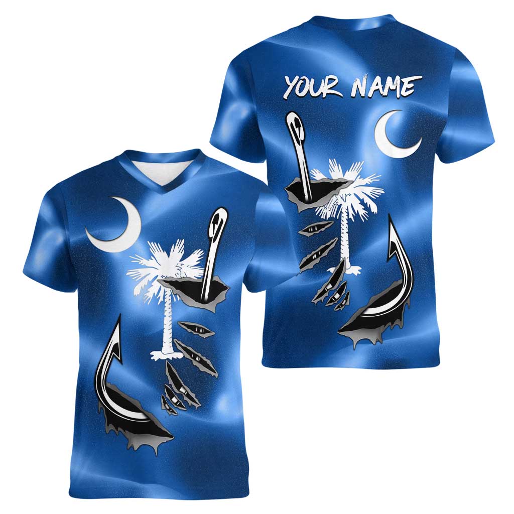 Fishing Custom South Carolina Flag Women V-Neck T-Shirt Fish Hook Graphic in Blue Gradient Design - Wonder Print Shop