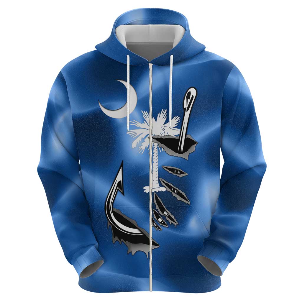 Fishing Custom South Carolina Flag Zip Hoodie Fish Hook Graphic in Blue Gradient Design - Wonder Print Shop