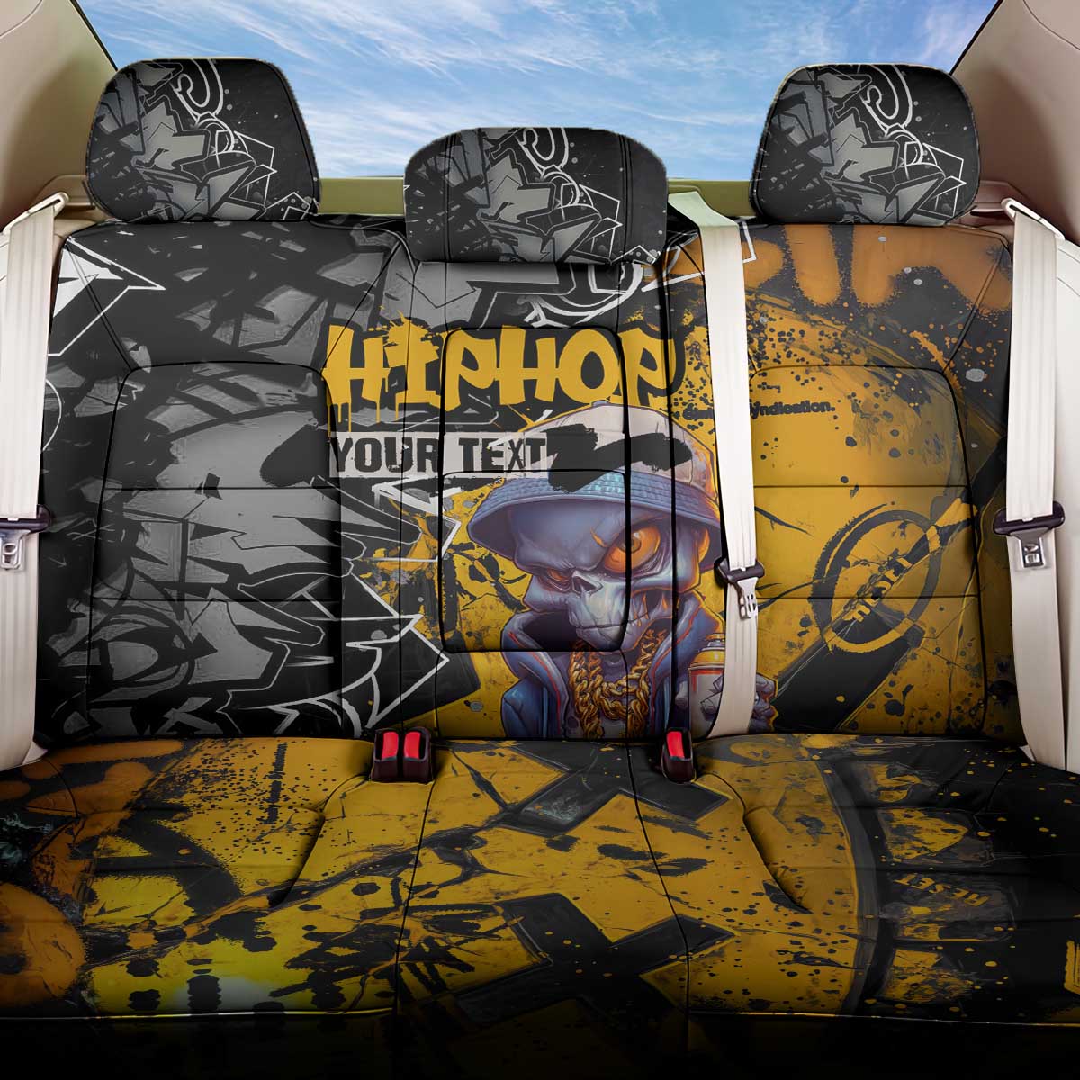 Hip Hop Street Style Back Car Seat Cover Yellow and Black Graffiti and Urban Skull Character Design - Wonder Print Shop