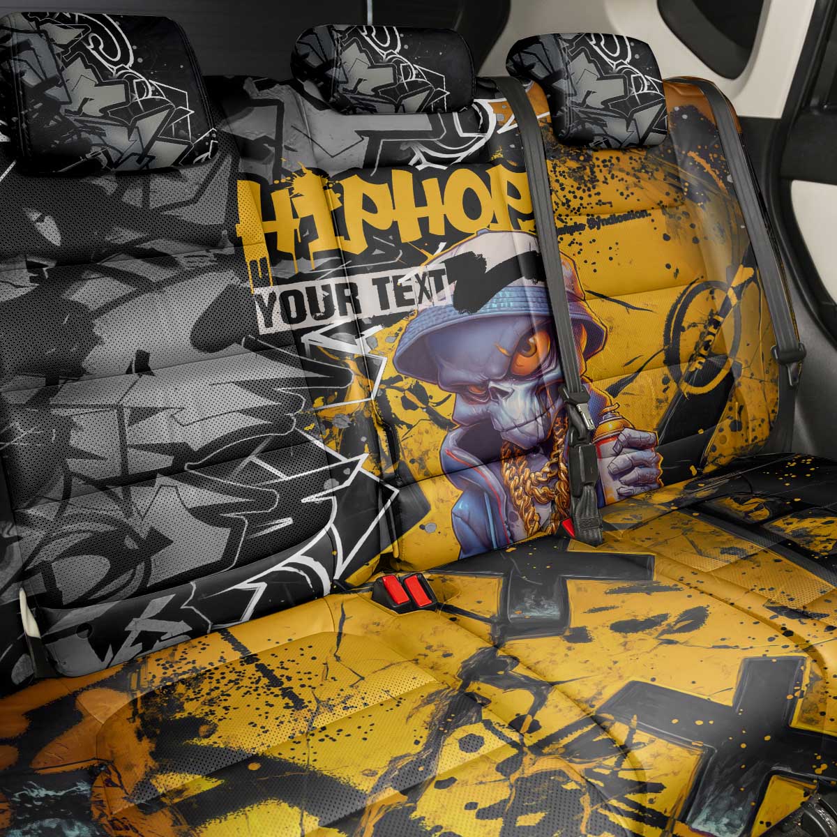 Hip Hop Street Style Back Car Seat Cover Yellow and Black Graffiti and Urban Skull Character Design - Wonder Print Shop