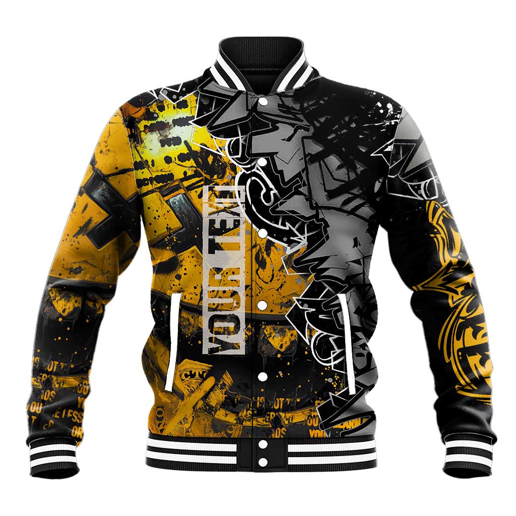 Hip Hop Street Style Baseball Jacket Yellow and Black Graffiti and Urban Skull Character Design - Wonder Print Shop