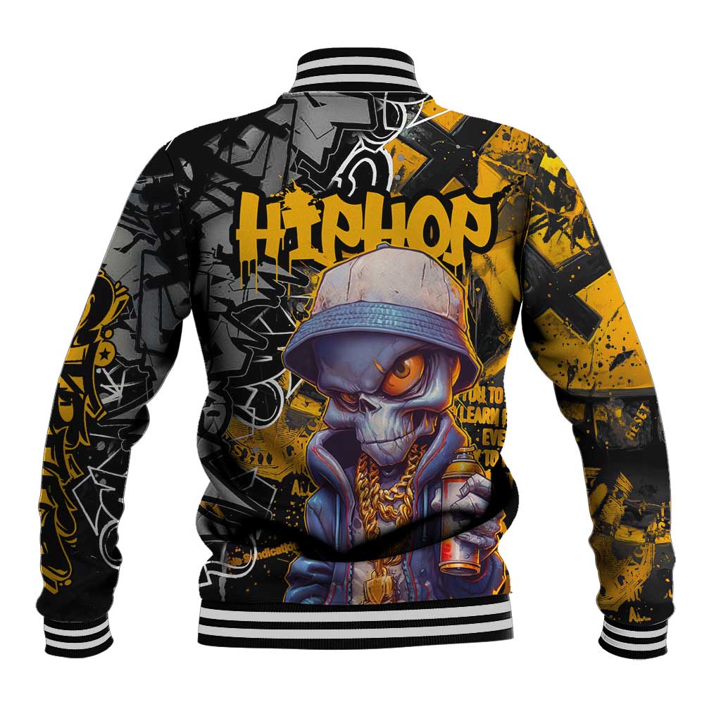Hip Hop Street Style Baseball Jacket Yellow and Black Graffiti and Urban Skull Character Design - Wonder Print Shop