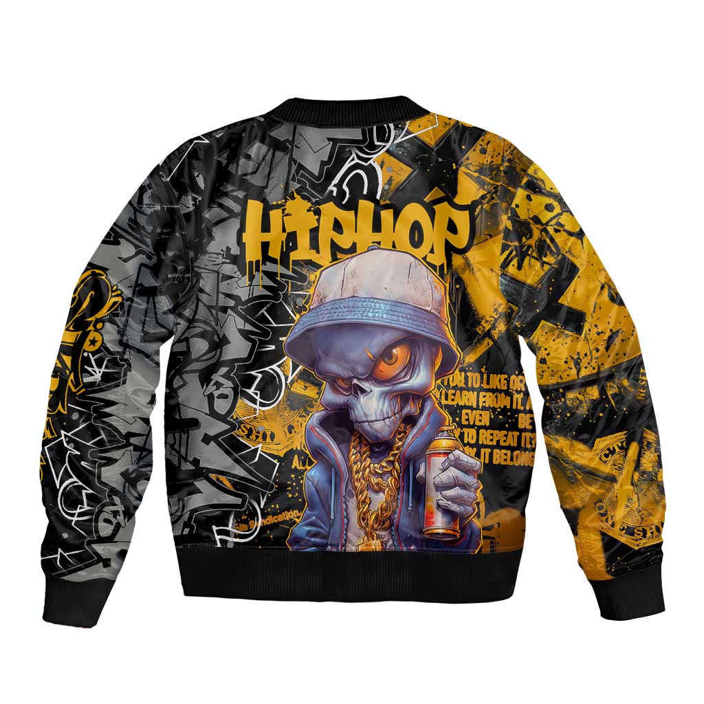 Hip Hop Street Style Bomber Jacket Yellow and Black Graffiti and Urban Skull Character Design - Wonder Print Shop