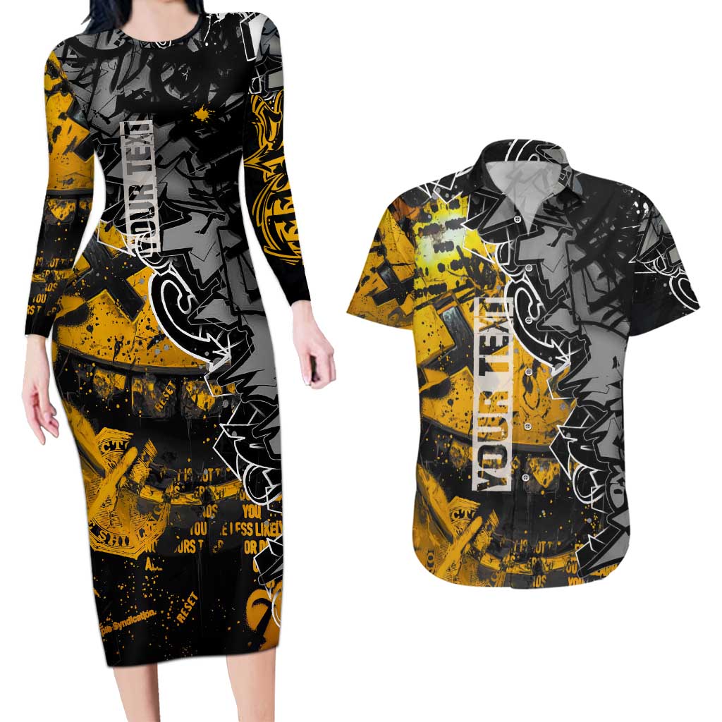 Hip Hop Street Style Couples Matching Long Sleeve Bodycon Dress and Hawaiian Shirt Yellow and Black Graffiti and Urban Skull Character Design - Wonder Print Shop