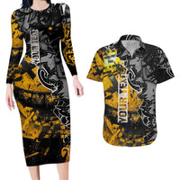 Hip Hop Street Style Couples Matching Long Sleeve Bodycon Dress and Hawaiian Shirt Yellow and Black Graffiti and Urban Skull Character Design - Wonder Print Shop