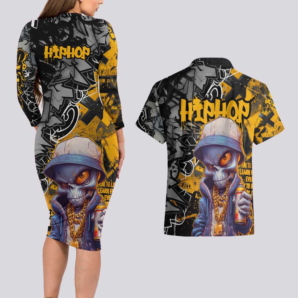 Hip Hop Street Style Couples Matching Long Sleeve Bodycon Dress and Hawaiian Shirt Yellow and Black Graffiti and Urban Skull Character Design - Wonder Print Shop