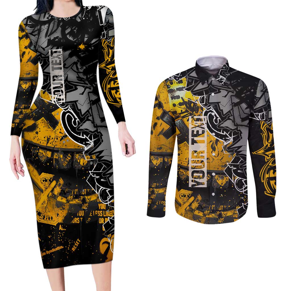 Hip Hop Street Style Couples Matching Long Sleeve Bodycon Dress and Long Sleeve Button Shirt Yellow and Black Graffiti and Urban Skull Character Design - Wonder Print Shop