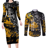 Hip Hop Street Style Couples Matching Long Sleeve Bodycon Dress and Long Sleeve Button Shirt Yellow and Black Graffiti and Urban Skull Character Design - Wonder Print Shop