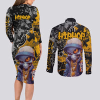 Hip Hop Street Style Couples Matching Long Sleeve Bodycon Dress and Long Sleeve Button Shirt Yellow and Black Graffiti and Urban Skull Character Design - Wonder Print Shop