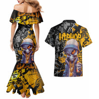 Hip Hop Street Style Couples Matching Mermaid Dress and Hawaiian Shirt Yellow and Black Graffiti and Urban Skull Character Design - Wonder Print Shop