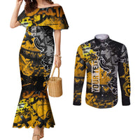 Hip Hop Street Style Couples Matching Mermaid Dress and Long Sleeve Button Shirt Yellow and Black Graffiti and Urban Skull Character Design - Wonder Print Shop